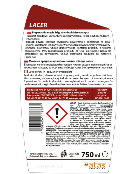 Plak Lacer 750 ml – zasadowy preparat do czyszczenia felg lakierowanych i stalowych z atomizerem