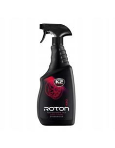K2 Roton Pro żel do mycia felg z efektem krwawienia – butelka na tle czystej felgi aluminiowej