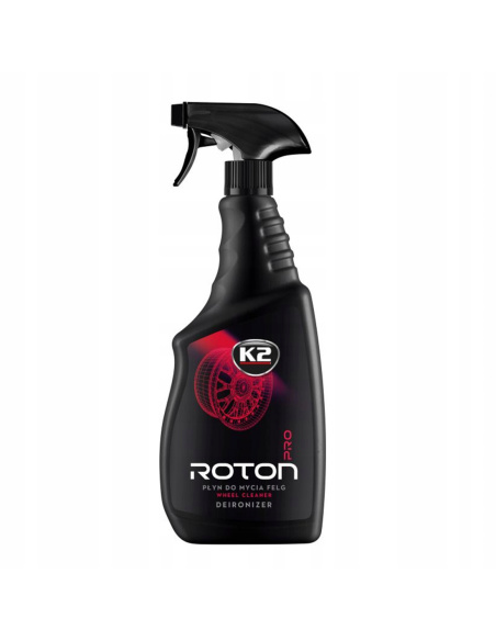K2 Roton Pro żel do mycia felg z efektem krwawienia – butelka na tle czystej felgi aluminiowej