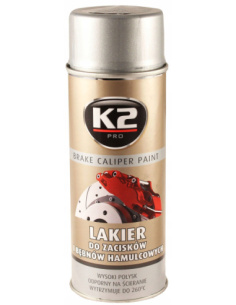 Lakier K2 do zacisków hamulcowych srebrny w sprayu 400 ml na białym tle