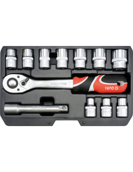 Yato YT-38671 zestaw nasadek 1/2" 12 elementów z grzechotką i walizką – stal CrV AS-Drive